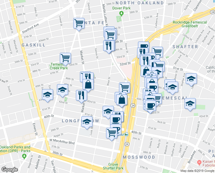 map of restaurants, bars, coffee shops, grocery stores, and more near 735 46th Street in Oakland