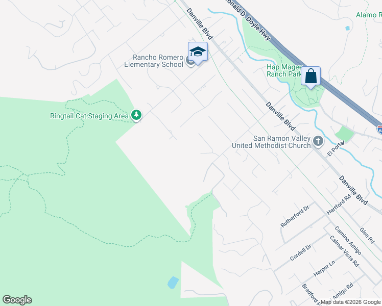 map of restaurants, bars, coffee shops, grocery stores, and more near 300 Camille Avenue in Alamo