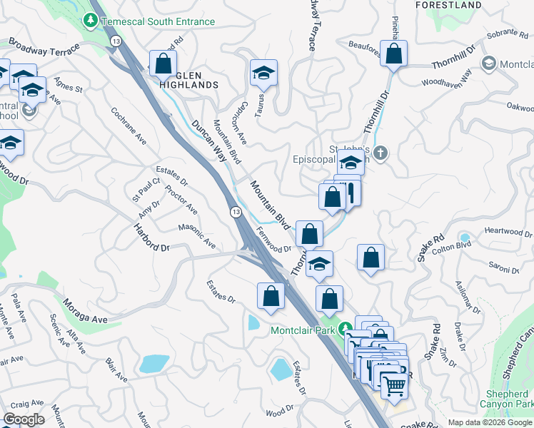 map of restaurants, bars, coffee shops, grocery stores, and more near 1509 Mountain Boulevard in Oakland