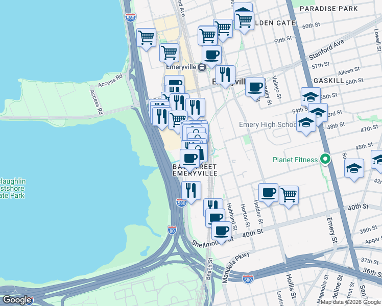 map of restaurants, bars, coffee shops, grocery stores, and more near 5633 Bay Street in Emeryville