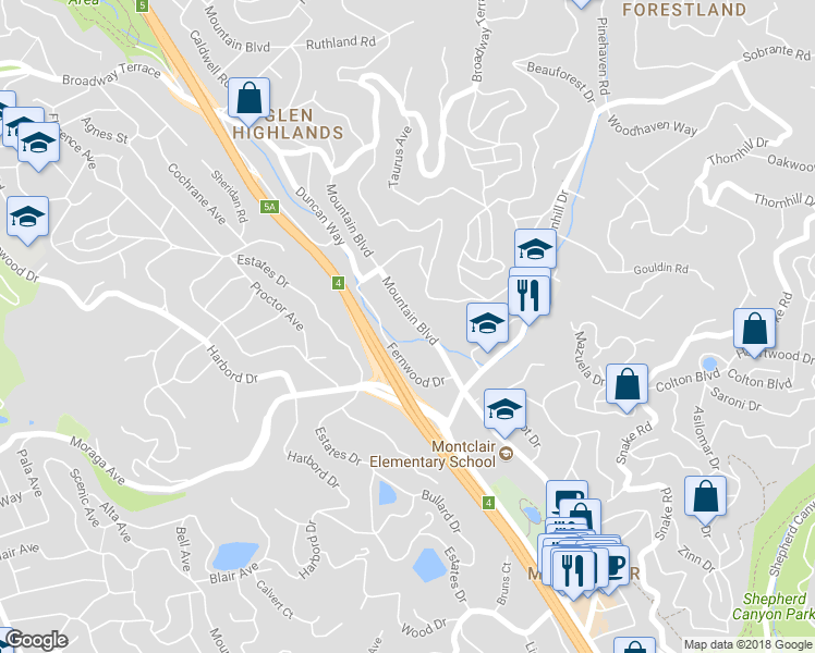map of restaurants, bars, coffee shops, grocery stores, and more near 1509 Mountain Boulevard in Oakland