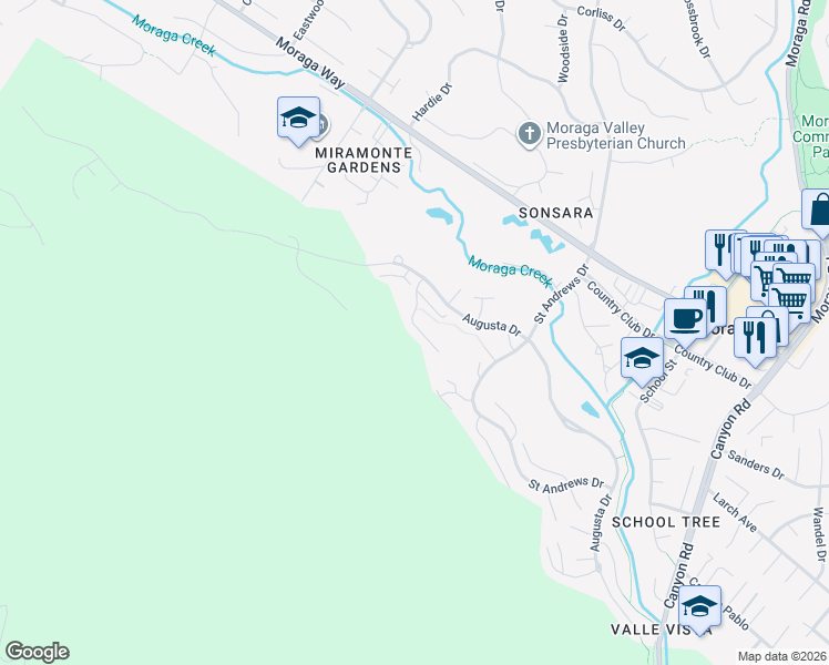 map of restaurants, bars, coffee shops, grocery stores, and more near 1744 Spyglass Lane in Moraga