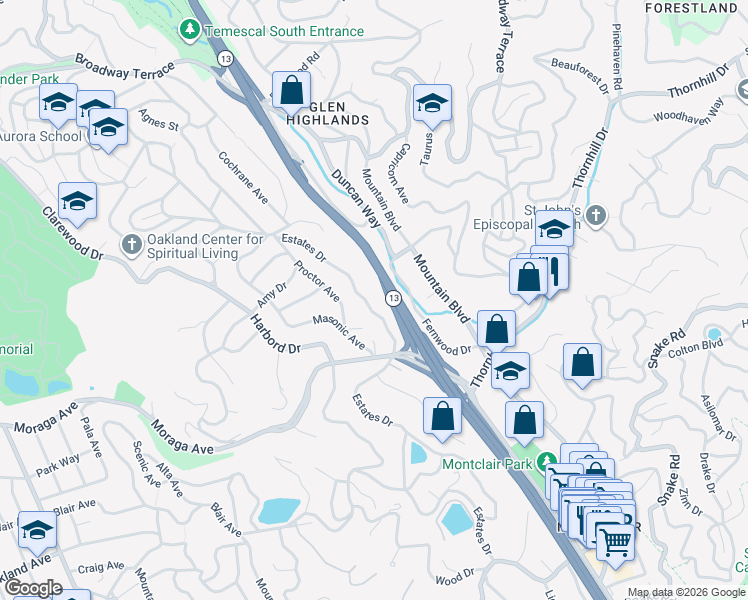map of restaurants, bars, coffee shops, grocery stores, and more near 5580 Estates Drive in Oakland