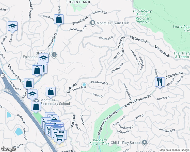 map of restaurants, bars, coffee shops, grocery stores, and more near 6700 Snake Road in Oakland