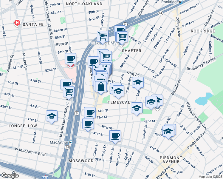 map of restaurants, bars, coffee shops, grocery stores, and more near 4803 Webster Street in Oakland