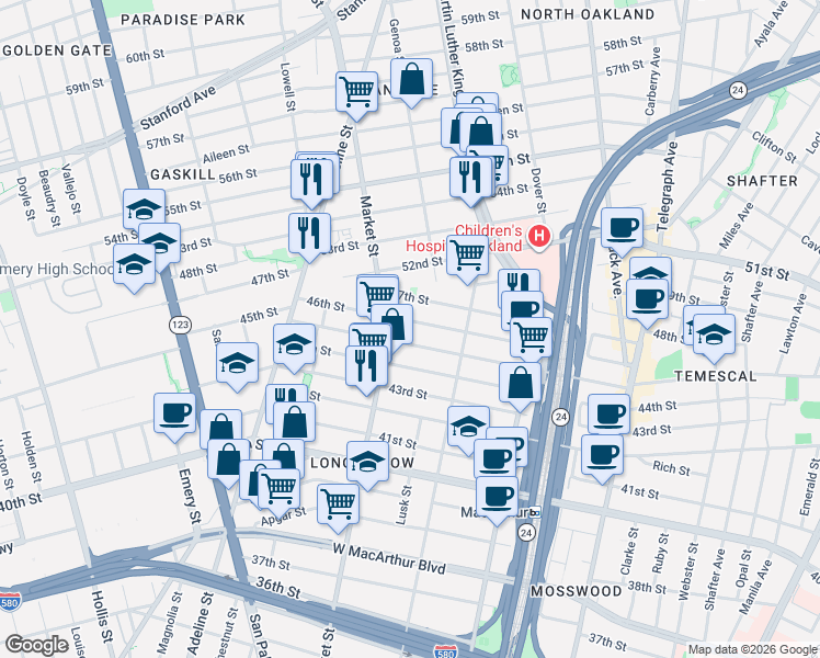 map of restaurants, bars, coffee shops, grocery stores, and more near 888 45th Street in Oakland