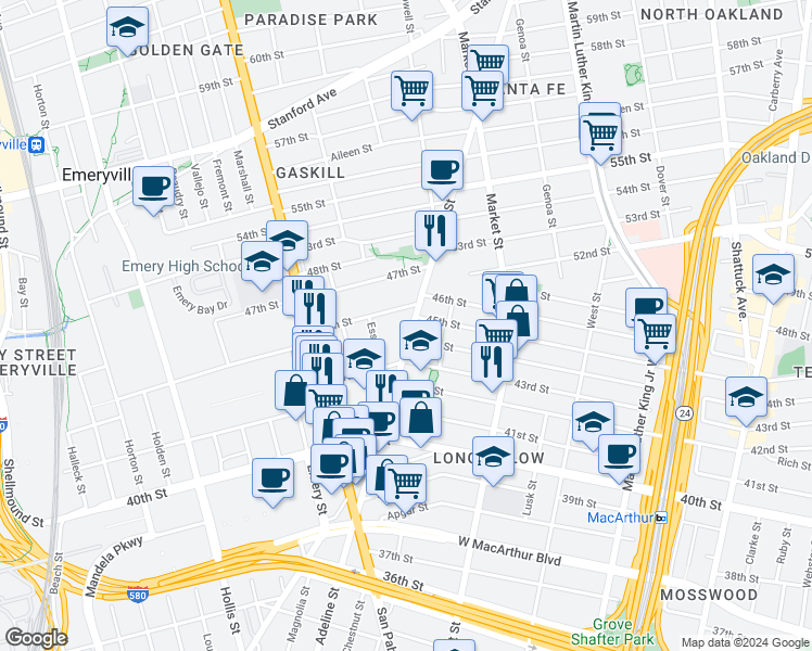 map of restaurants, bars, coffee shops, grocery stores, and more near 4357 Adeline Street in Emeryville