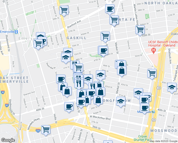 map of restaurants, bars, coffee shops, grocery stores, and more near 4325 Essex Street in Emeryville