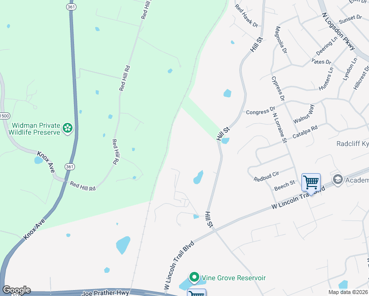 map of restaurants, bars, coffee shops, grocery stores, and more near 2925 Hill Street in Vine Grove