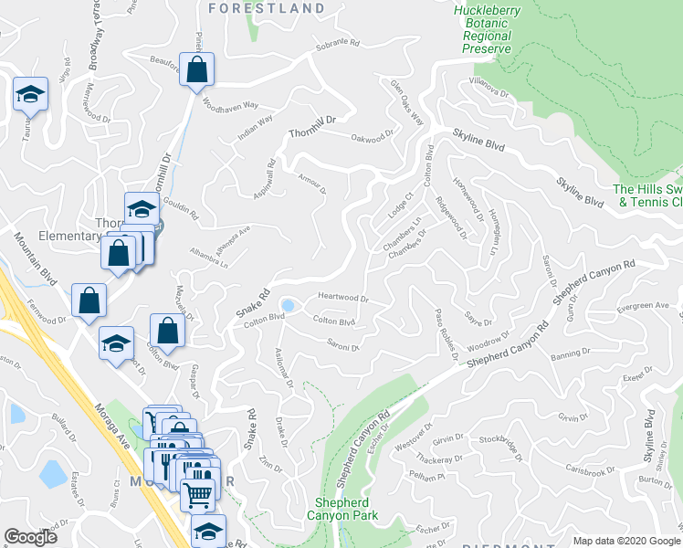 map of restaurants, bars, coffee shops, grocery stores, and more near 6756 Snake Road in Oakland