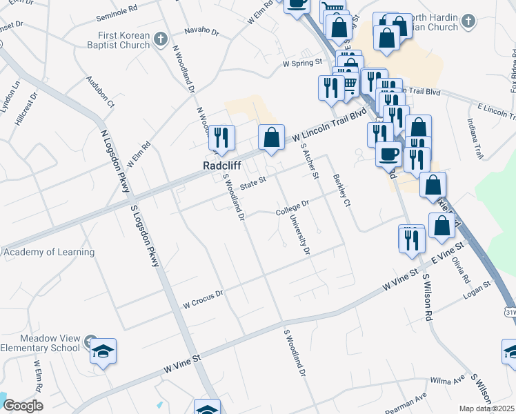 map of restaurants, bars, coffee shops, grocery stores, and more near 690 College Drive in Radcliff