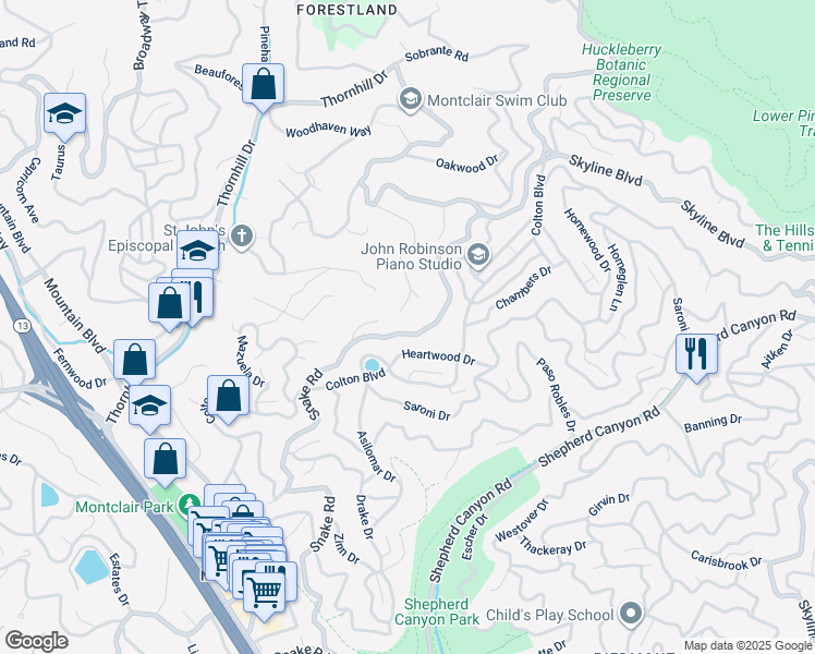 map of restaurants, bars, coffee shops, grocery stores, and more near 6721 Snake Road in Oakland