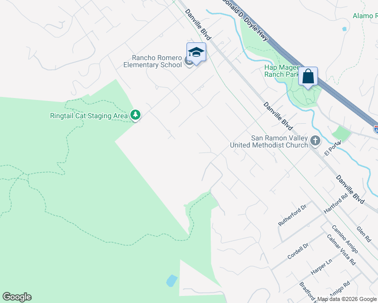map of restaurants, bars, coffee shops, grocery stores, and more near 2 Alamo Glen Court in Alamo