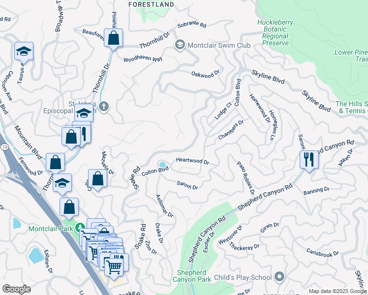 map of restaurants, bars, coffee shops, grocery stores, and more near 6741 Snake Road in Oakland