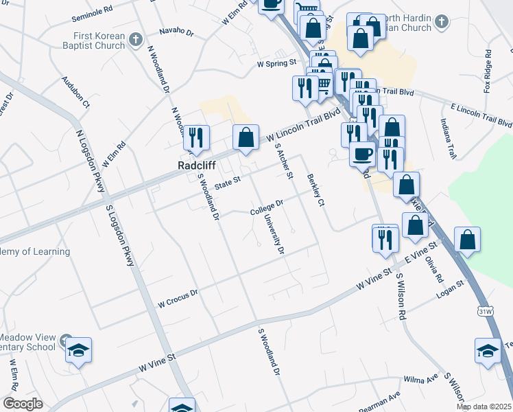 map of restaurants, bars, coffee shops, grocery stores, and more near 259 University Drive in Radcliff