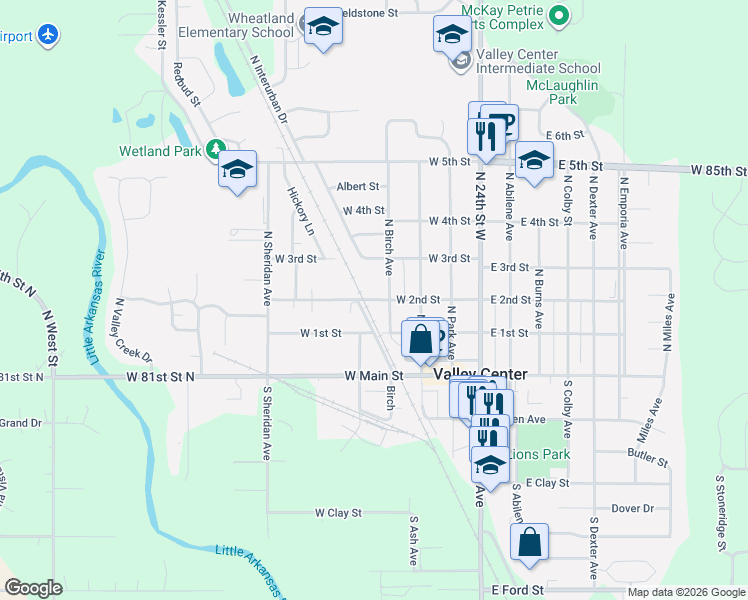 map of restaurants, bars, coffee shops, grocery stores, and more near West 2nd Street in Valley Center