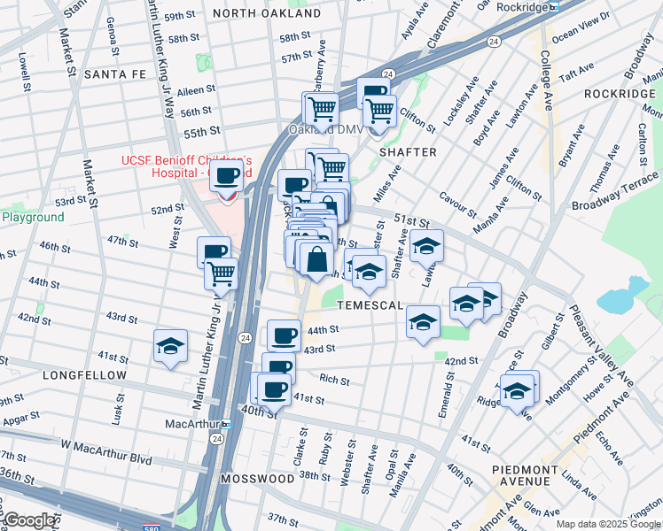 map of restaurants, bars, coffee shops, grocery stores, and more near 482 48th Street in Oakland