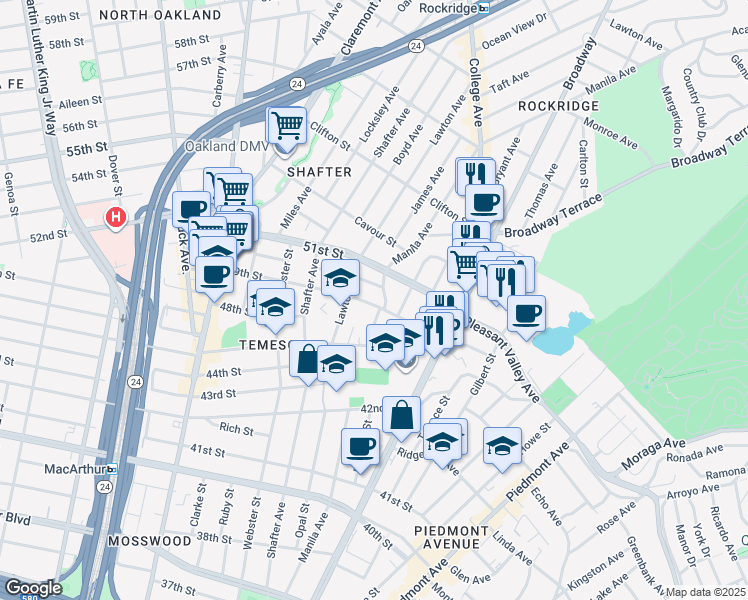 map of restaurants, bars, coffee shops, grocery stores, and more near 354 49th Street in Oakland