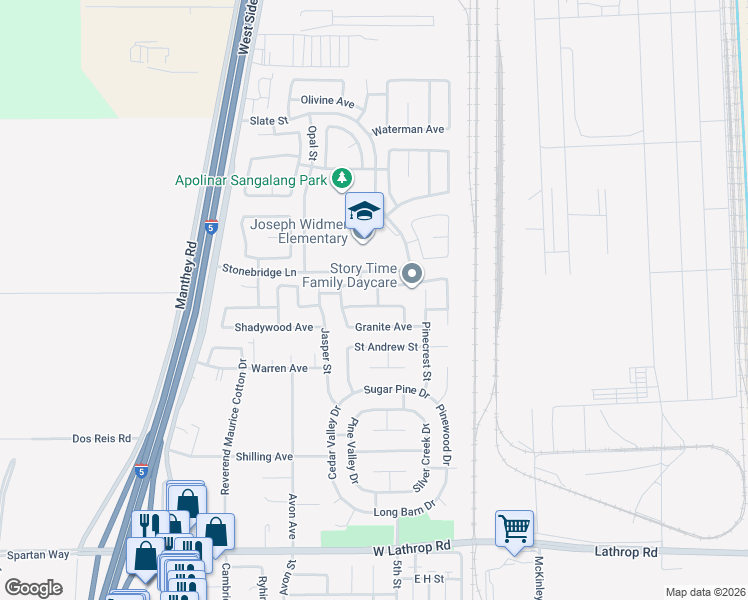 map of restaurants, bars, coffee shops, grocery stores, and more near 760 Limestone Avenue in Lathrop