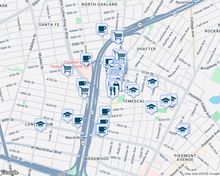 map of restaurants, bars, coffee shops, grocery stores, and more near 4722 Shattuck Avenue in Oakland