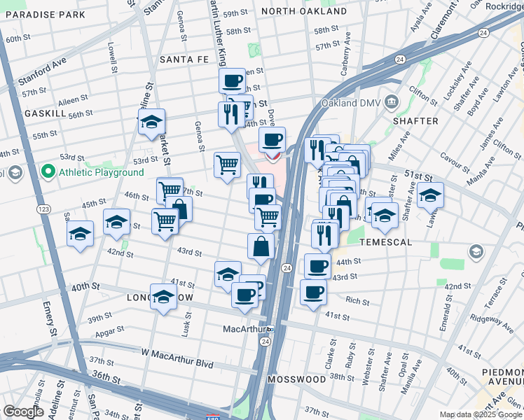 map of restaurants, bars, coffee shops, grocery stores, and more near 672 46th Street in Oakland