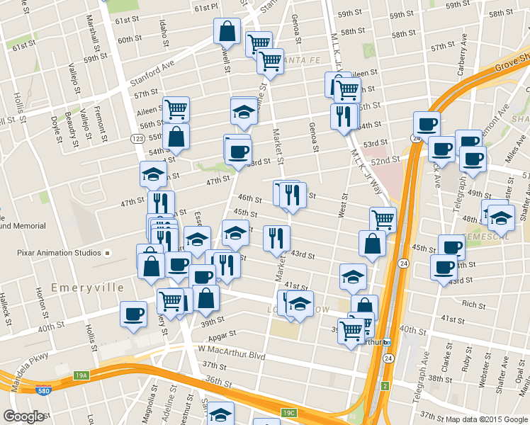 map of restaurants, bars, coffee shops, grocery stores, and more near 933 45th Street in Oakland