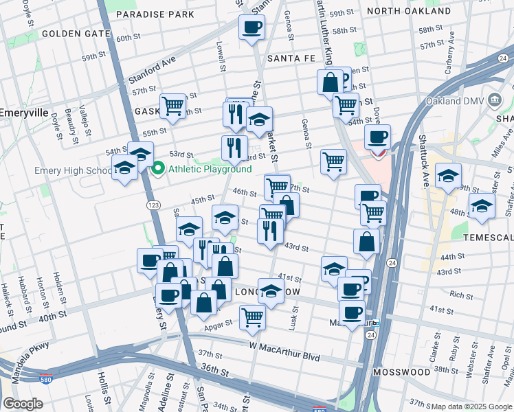 map of restaurants, bars, coffee shops, grocery stores, and more near 933 45th Street in Oakland