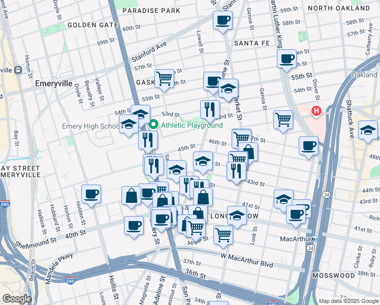 map of restaurants, bars, coffee shops, grocery stores, and more near 4357 Adeline Street in Emeryville