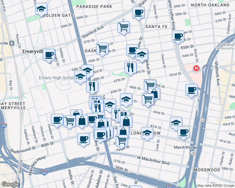 map of restaurants, bars, coffee shops, grocery stores, and more near 4325 Essex Street in Emeryville