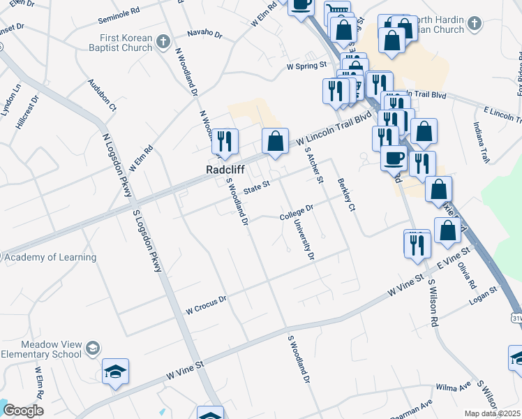 map of restaurants, bars, coffee shops, grocery stores, and more near 690 College Drive in Radcliff