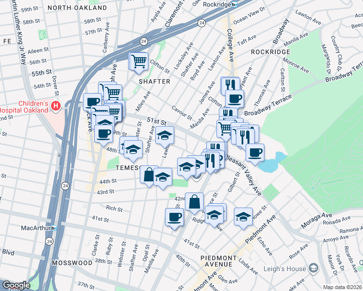 map of restaurants, bars, coffee shops, grocery stores, and more near 354 49th Street in Oakland