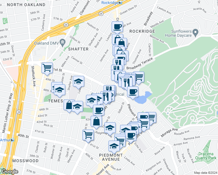 map of restaurants, bars, coffee shops, grocery stores, and more near 312 51st Street in Oakland