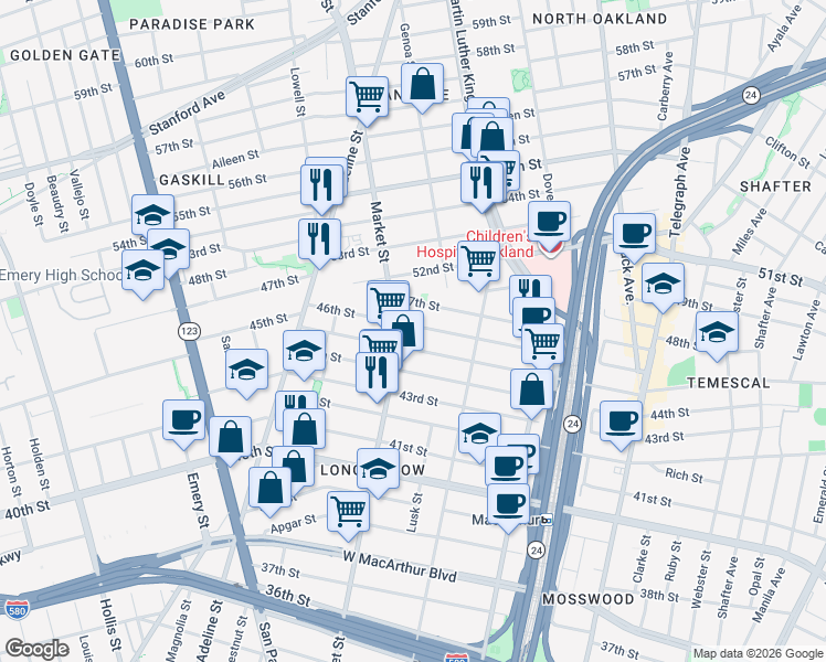map of restaurants, bars, coffee shops, grocery stores, and more near 879 46th Street in Oakland