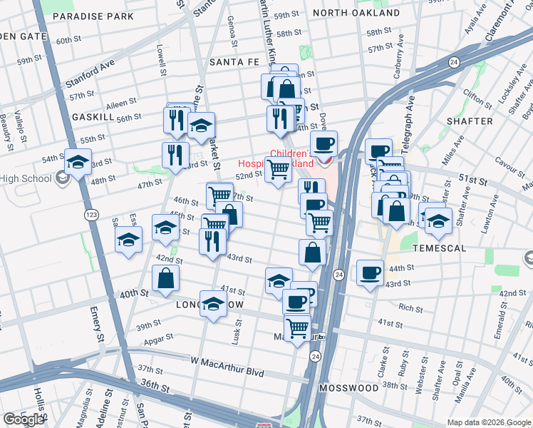 map of restaurants, bars, coffee shops, grocery stores, and more near 836 45th Street in Oakland
