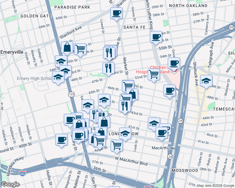 map of restaurants, bars, coffee shops, grocery stores, and more near 992 44th Street in Oakland