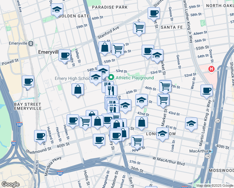 map of restaurants, bars, coffee shops, grocery stores, and more near 1087 45th Street in Emeryville