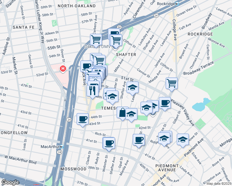 map of restaurants, bars, coffee shops, grocery stores, and more near 4815 Shafter Avenue in Oakland