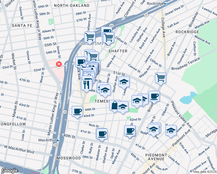 map of restaurants, bars, coffee shops, grocery stores, and more near 4815 Shafter Avenue in Oakland