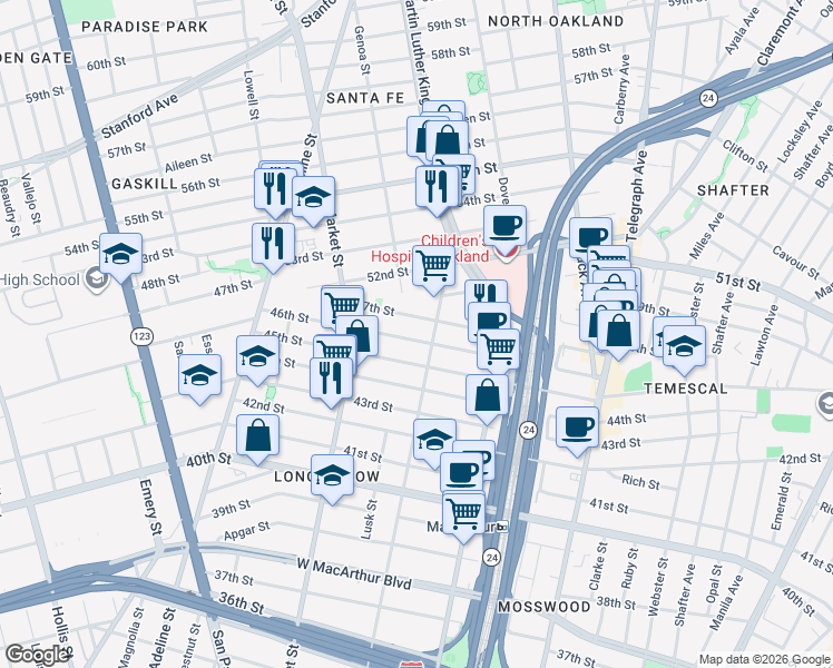 map of restaurants, bars, coffee shops, grocery stores, and more near 836 45th Street in Oakland