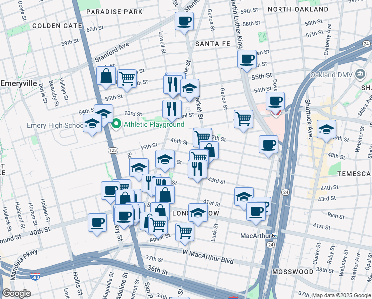 map of restaurants, bars, coffee shops, grocery stores, and more near 992 44th Street in Oakland