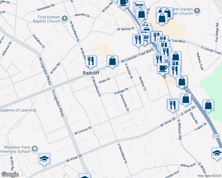 map of restaurants, bars, coffee shops, grocery stores, and more near 259 University Drive in Radcliff