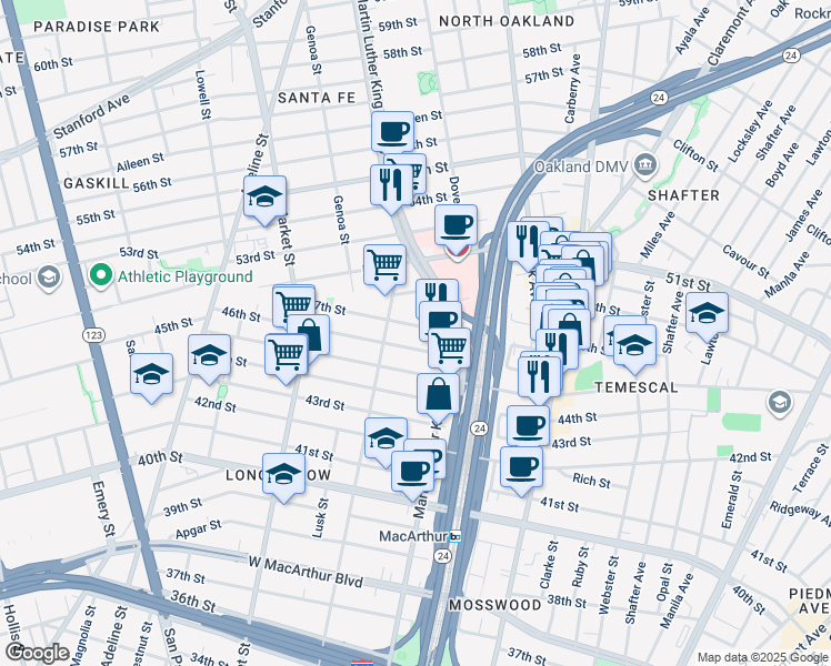 map of restaurants, bars, coffee shops, grocery stores, and more near 767 47th Street in Oakland