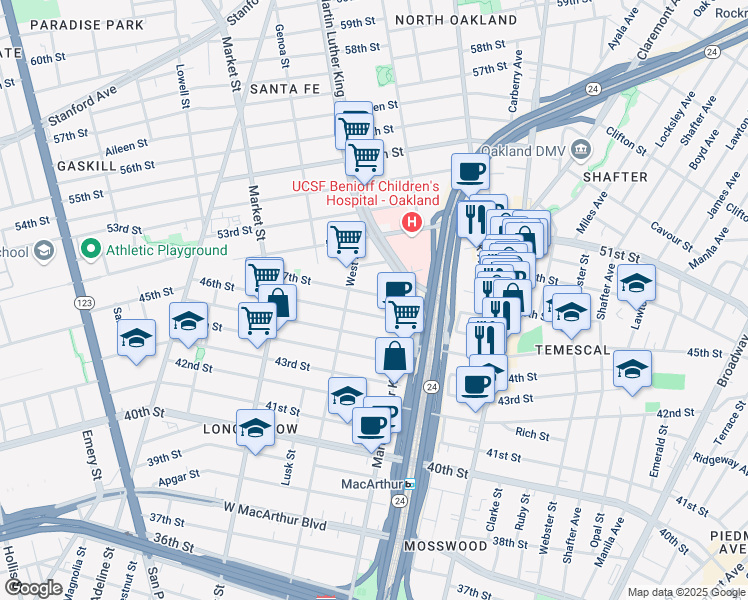 map of restaurants, bars, coffee shops, grocery stores, and more near 767 47th Street in Oakland