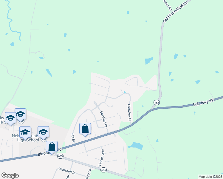 map of restaurants, bars, coffee shops, grocery stores, and more near 135 Glenview Drive in Bardstown