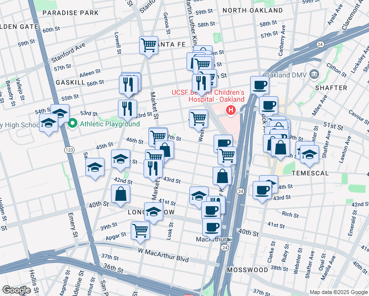 map of restaurants, bars, coffee shops, grocery stores, and more near 838 46th Street in Oakland