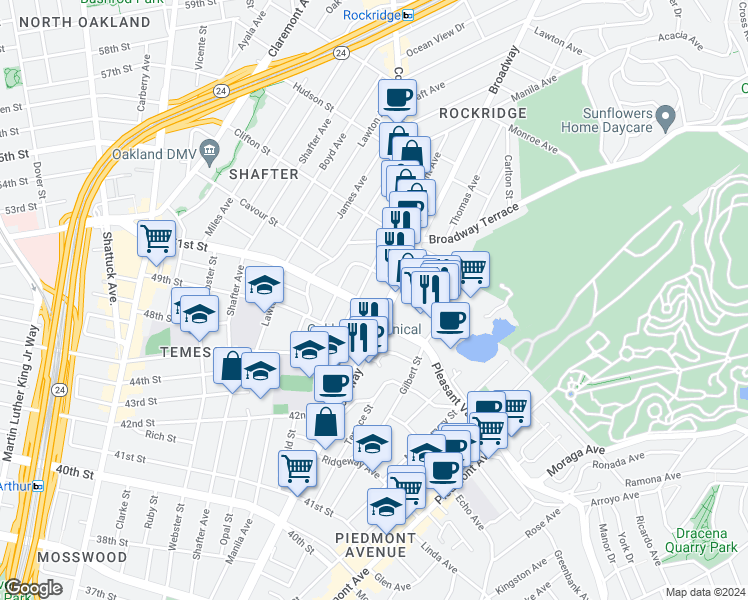 map of restaurants, bars, coffee shops, grocery stores, and more near in Oakland