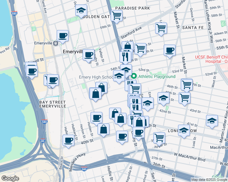 map of restaurants, bars, coffee shops, grocery stores, and more near 2 Magnolia Street in Oakland