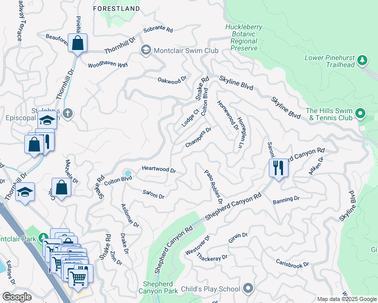 map of restaurants, bars, coffee shops, grocery stores, and more near 6861 Saroni Drive in Oakland