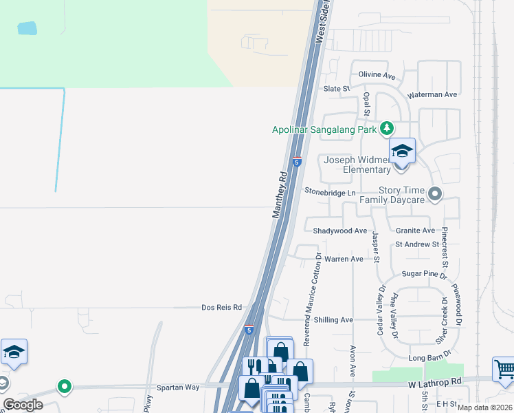 map of restaurants, bars, coffee shops, grocery stores, and more near 42 De Lima Road in Lathrop