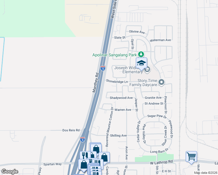 map of restaurants, bars, coffee shops, grocery stores, and more near 150 Castlewood Avenue in Lathrop